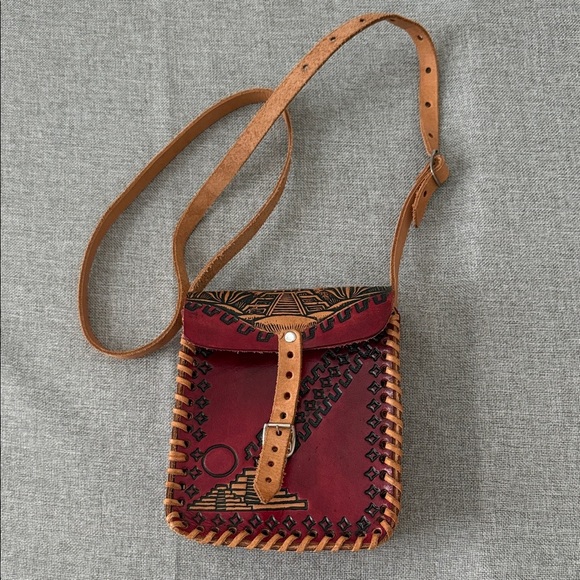 Handcrafted Leather Crossbody Bag - Red and Tan - Picture 1 of 10